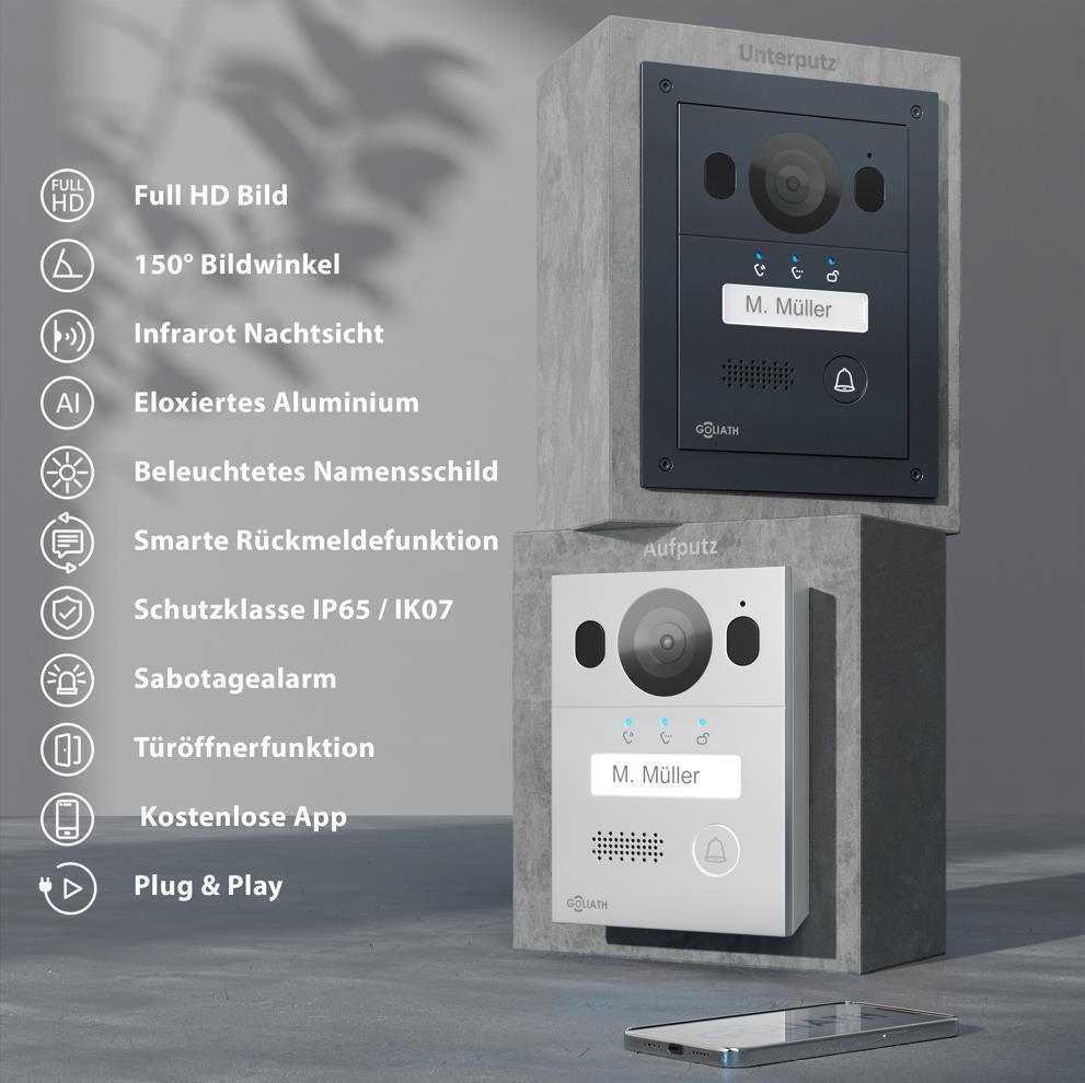 GOLIATH Basic 2-Draht BUS Türsprechanlage | FullHD | App | 150° | 1 Familie | Silber/Schwarz | Unterputz – Bild 2