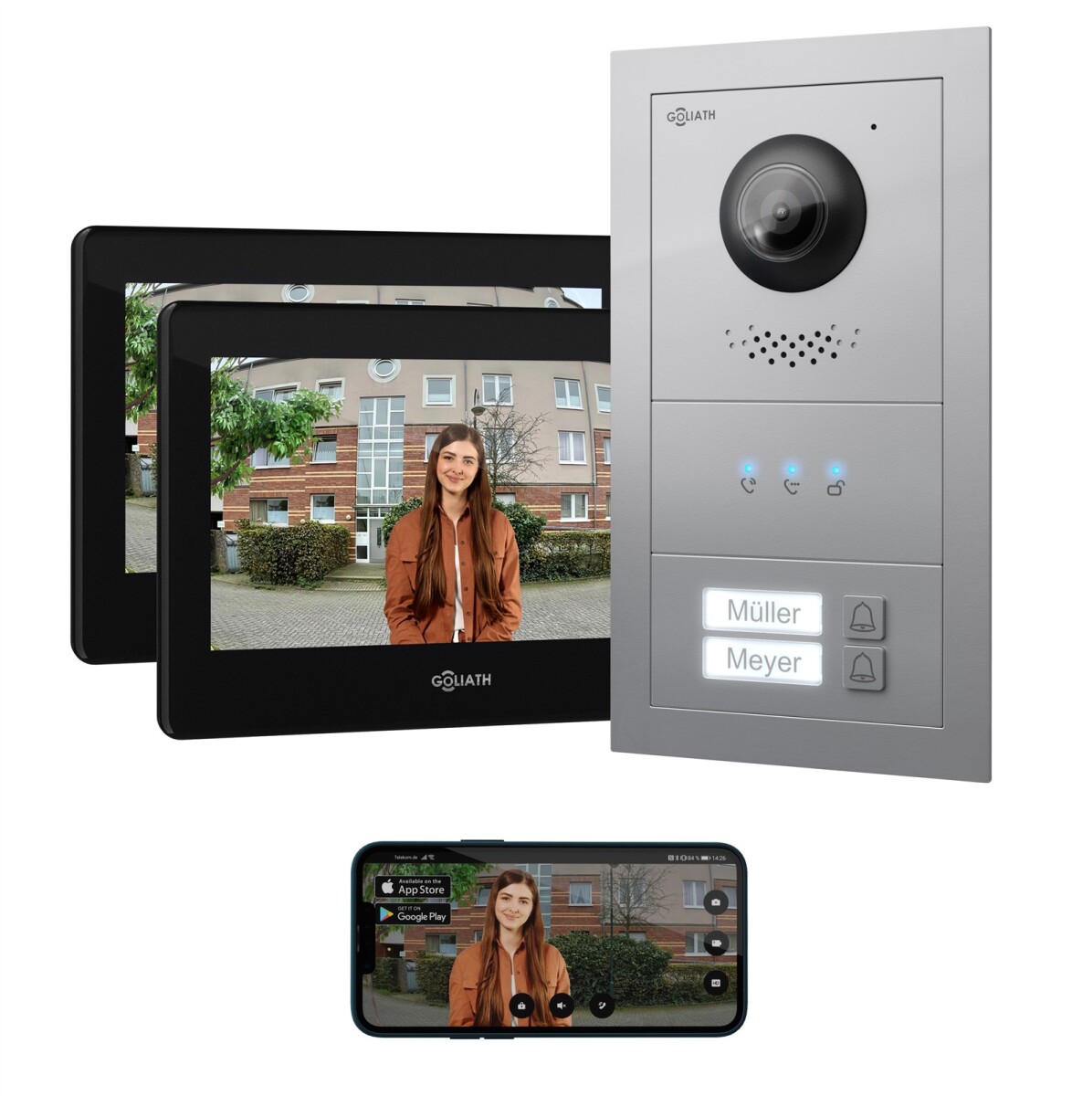 GOLIATH Basic 2-Draht BUS Türsprechanlage | FullHD | App | 150° | 2 Fam | Silber/Schwarz | Unterputz