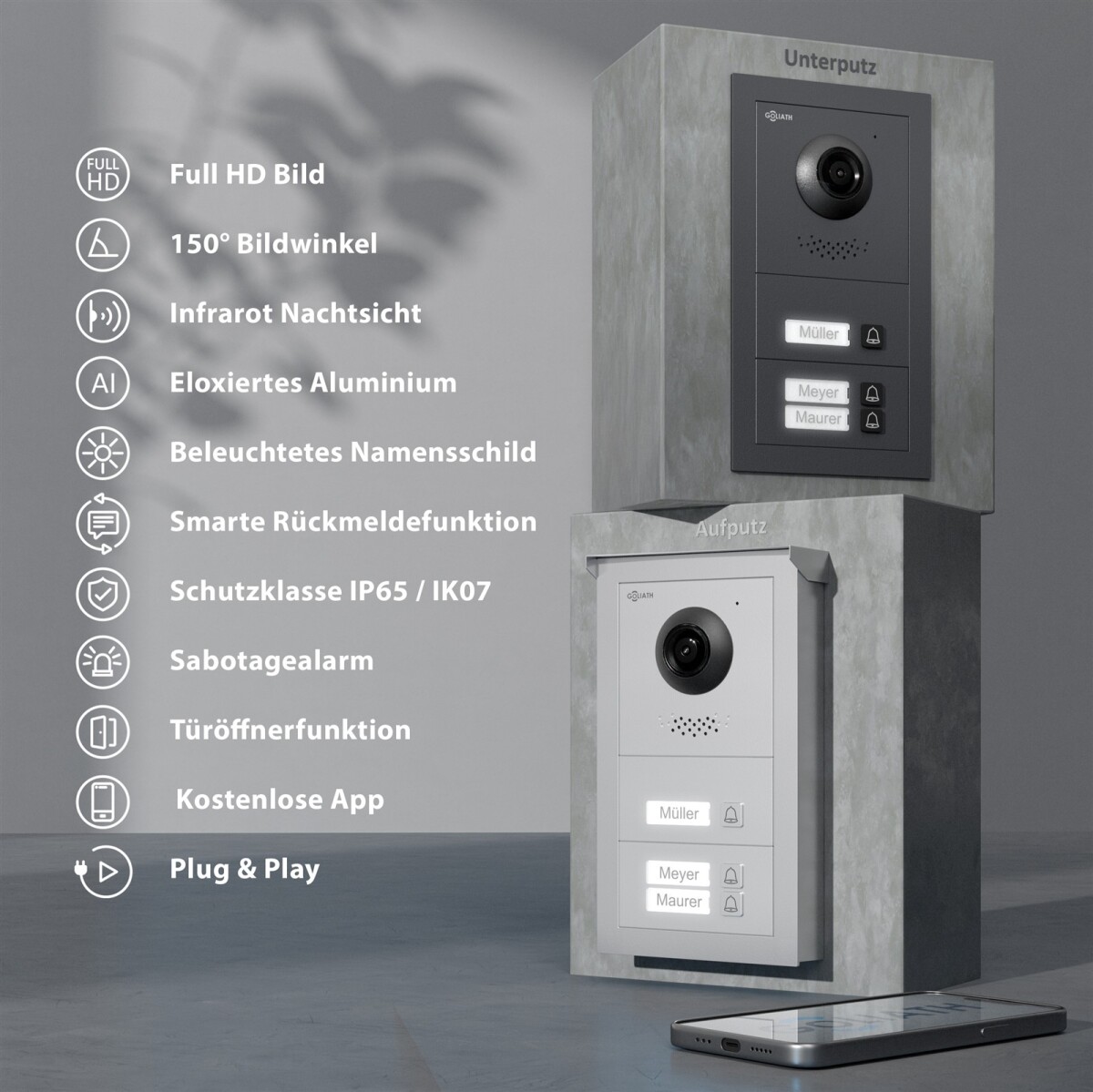 GOLIATH Basic 2-Draht BUS Türsprechanlage | FullHD | App | 150° | 3 Fam | Anthrazit/Weiß | Unterputz – Bild 3