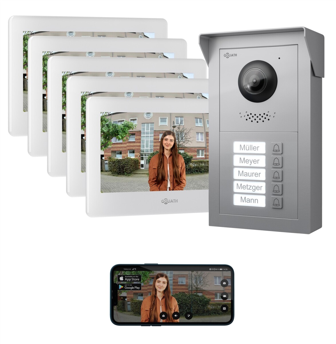 GOLIATH Basic 2-Draht BUS Türsprechanlage | FullHD | App | 150° | 5 Fam | Silber/Weiß | Aufputz