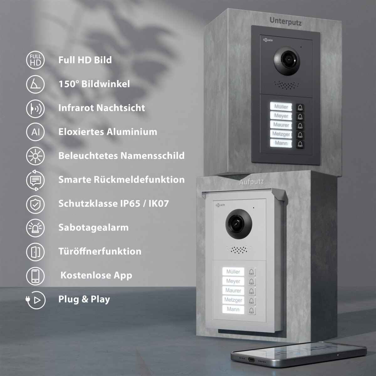 GOLIATH Basic 2-Draht BUS Türsprechanlage | FullHD | App | 150° | 5 Fam | Silber/Weiß | Aufputz – Bild 3