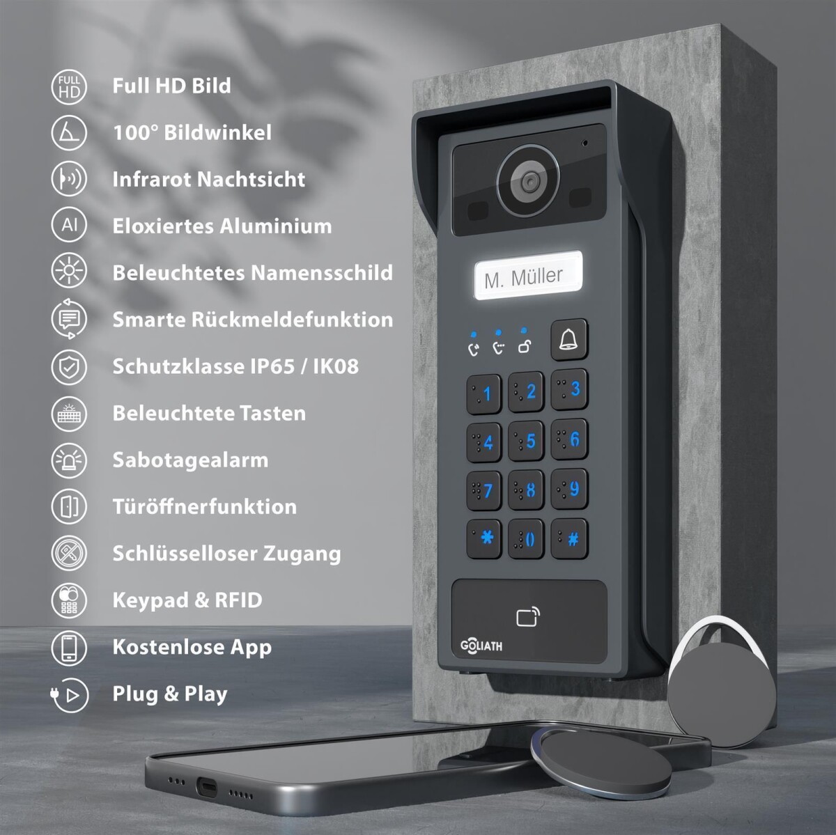 GOLIATH Basic 2-Draht BUS Türsprechanlage | FullHD | App | 2x 7" Monitor | RFID & Keypad | Aufputz – Bild 3