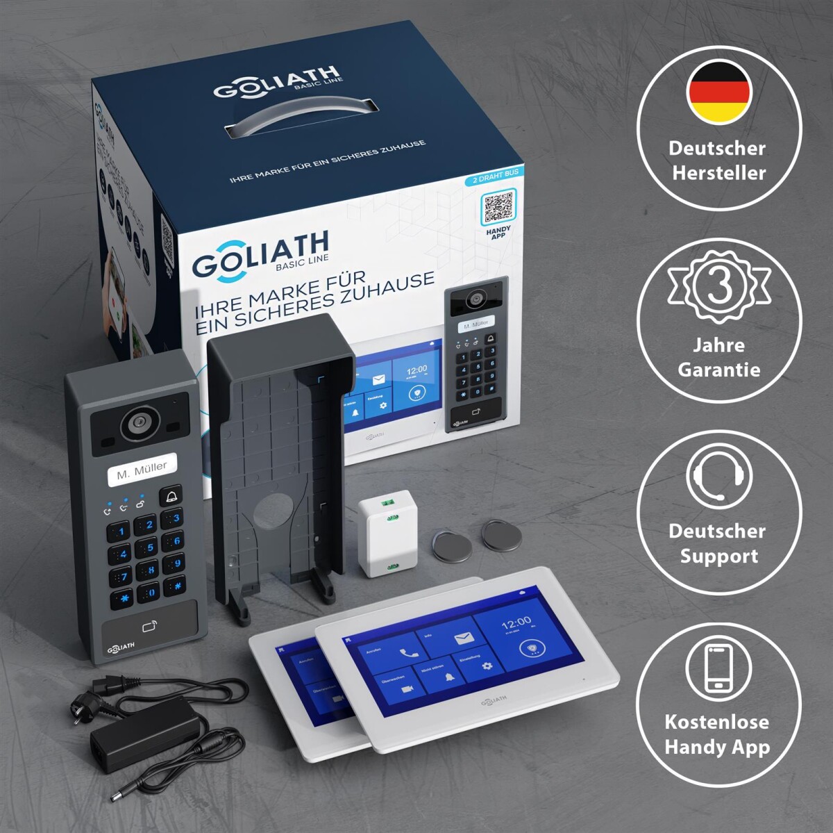 GOLIATH Basic 2-Draht BUS Türsprechanlage | FullHD | App | 2x 7" Monitor | RFID & Keypad | Aufputz – Bild 5