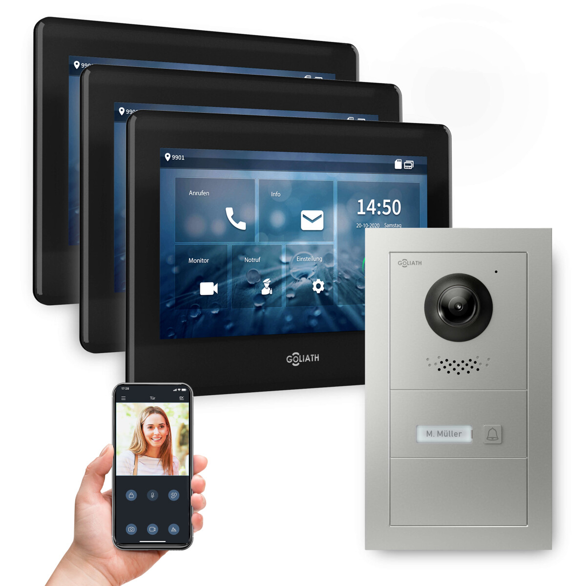 GOLIATH PRO 2-Draht BUS Video Türsprechanlage | App | 1 Familie | 3x7 Zoll Schwarz | 180°