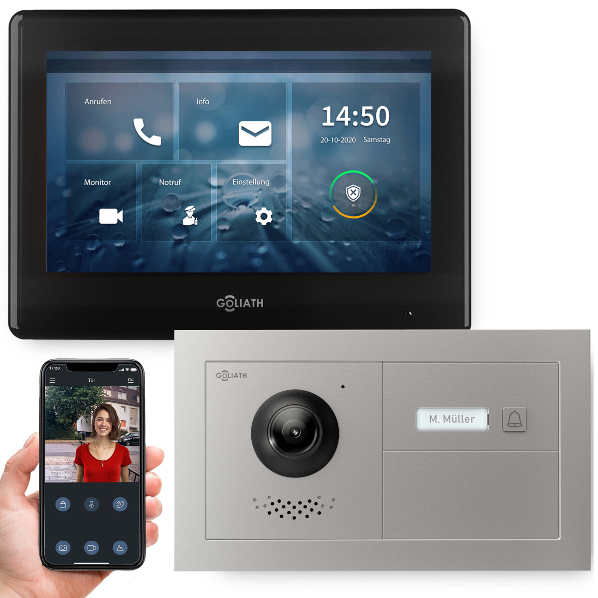GOLIATH PRO 2-Draht BUS Videotürsprechanlage | Horizontal Unterputz | App | 1 Fam | 7" | 180°