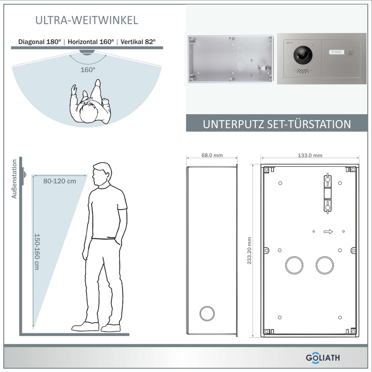 GOLIATH PRO 2-Draht BUS Videotürsprechanlage | Horizontal Unterputz | App | 1 Fam | 7" | 180° – Bild 2