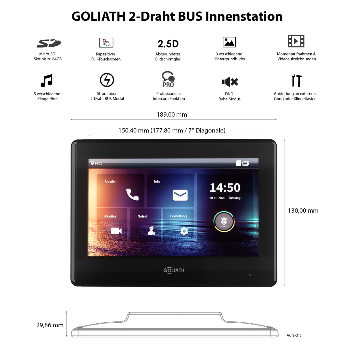 GOLIATH PRO 2-Draht BUS Videotürsprechanlage mit App | 1 Familie | 7 Zoll Schwarz| 180° – Bild 3