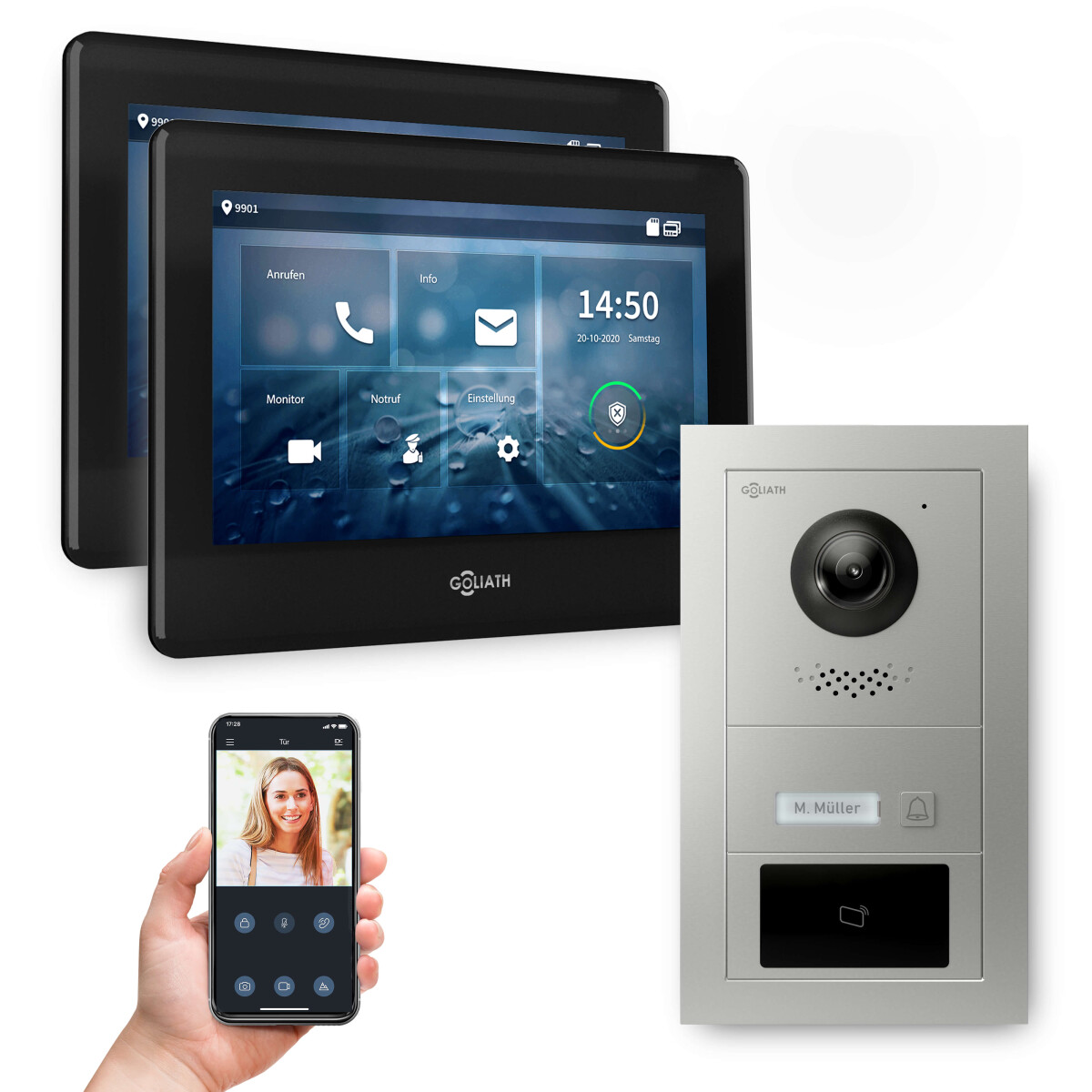 Goliath PRO IP Video Türsprechanlage mit App | 1 Fam | Silber | 2x7 Zoll Schwarz | Fingerprint | 180°