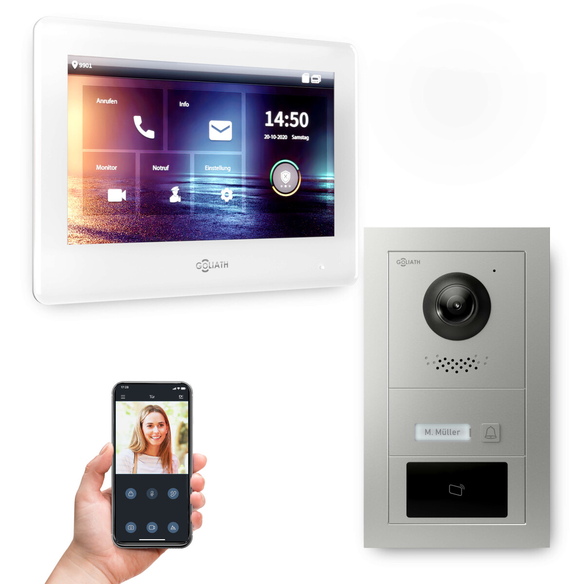 Goliath PRO IP Video Türsprechanlage mit App | 1 Fam | Silber | 7 Zoll Weiß | RFID | 180°